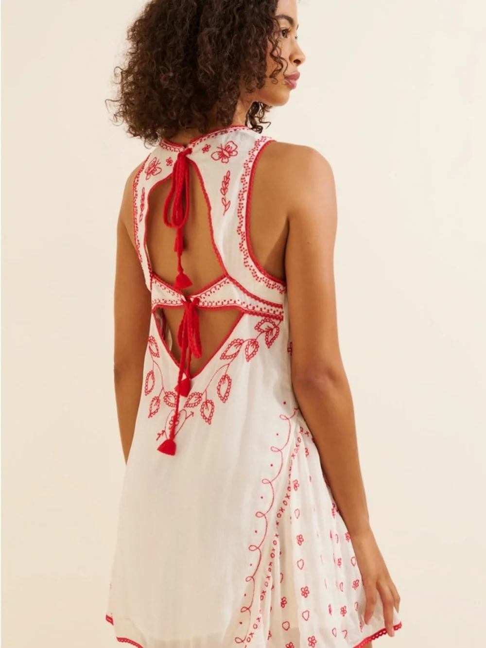Free People White Mini Dress with Red Embroidery